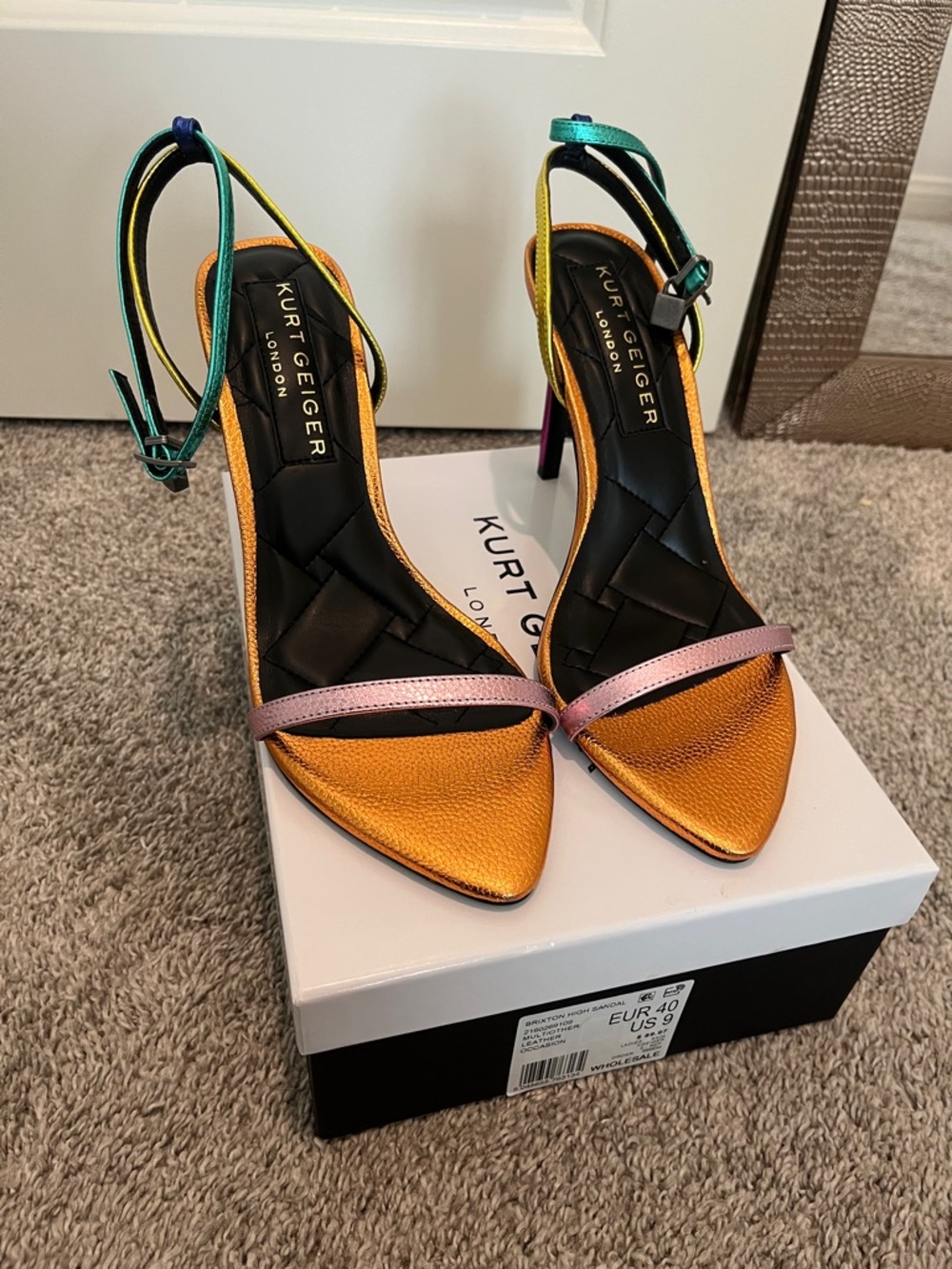 Kurt Geiger Metallic Gold Pointed Toe Heels with Pink & Green Straps